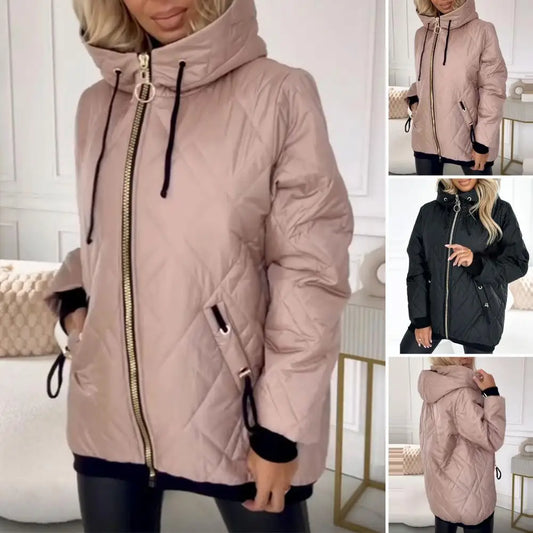 Damen Steppjacke mit Kapuze, Reißverschluss und Seitentaschen, Schwarz oder Rosé