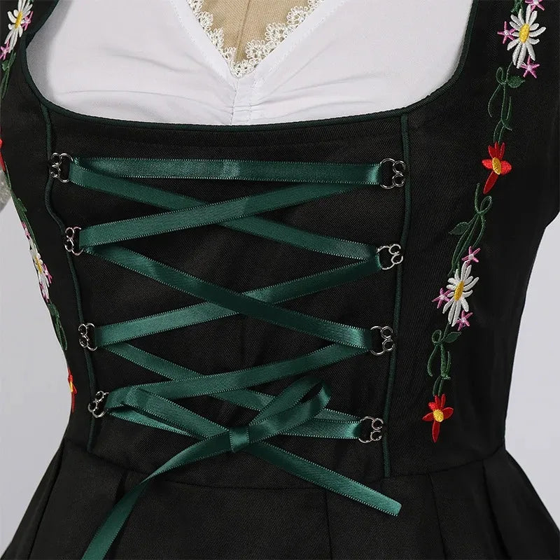 Damen Dirndl Kleid Grün Schwarz Trachtenkleid mit Stickerei und Bluse