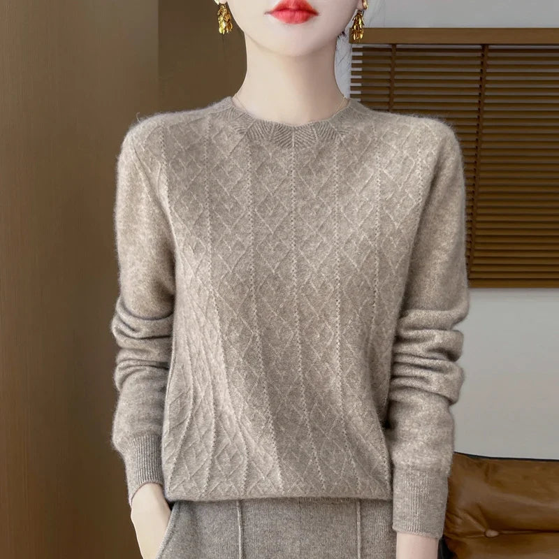 Damen Strickpullover Rundhals mit Rautenmuster Langarm