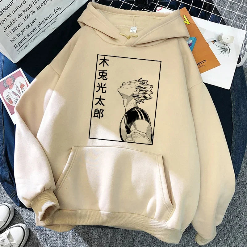 Felpa unisex con cappuccio e stampa anime - beige chiaro "Karasuno Volleyball Club"