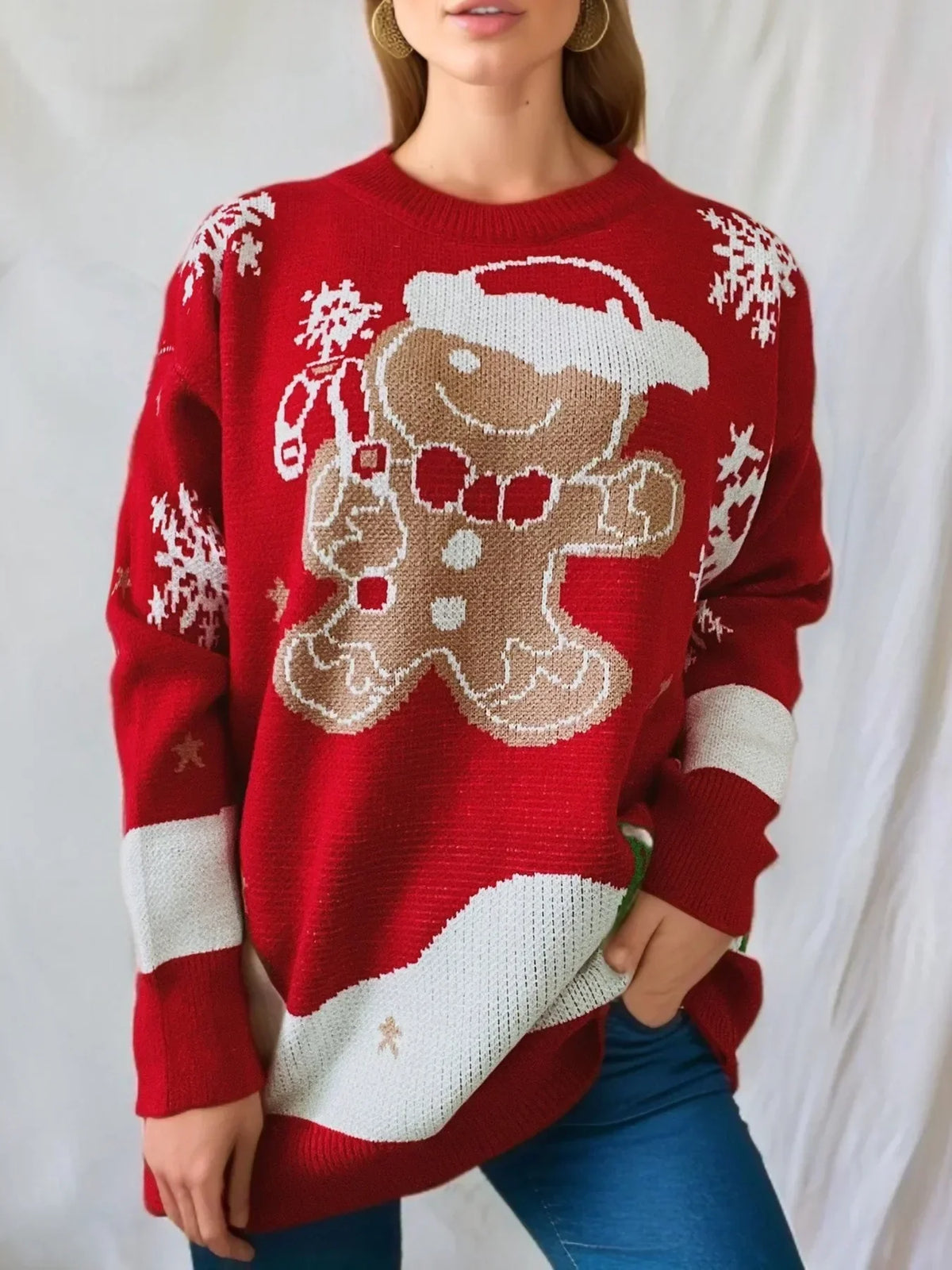 Pullover natalizio con motivo di omino di pan di zenzero, girocollo