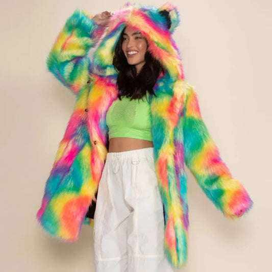 Regenbogen Bunt Plüschjacke mit Kapuze und Ohren Kunstfelljacke Damen