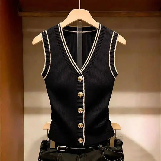 Gilet en maille côtelée pour femme, noir, col en V, boutons dorés, bordure blanche