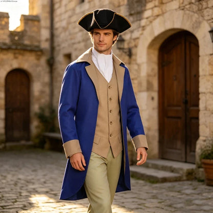 Herren Historisches Kostüm Set Blau Beige Mantel Weste Hose Hut