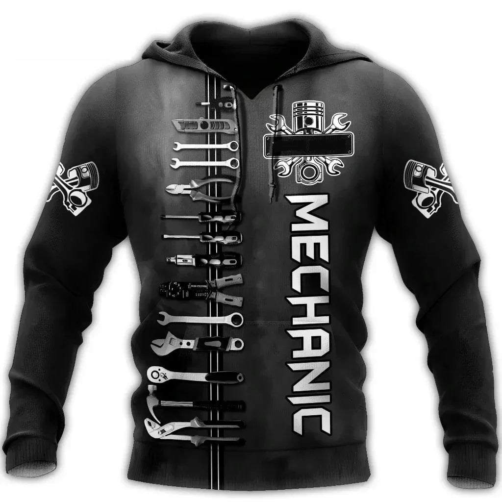 Herren Kapuzenpullover Mechanic Maschinenmotiv Hoodie Schwarz Grau