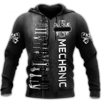 Herren Kapuzenpullover Mechanic Maschinenmotiv Hoodie Schwarz Grau