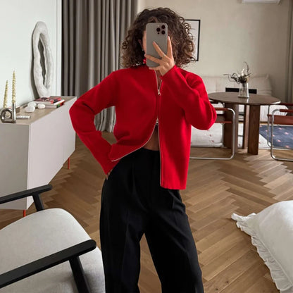 Cardigan da donna in maglia con cerniera e collo rialzato