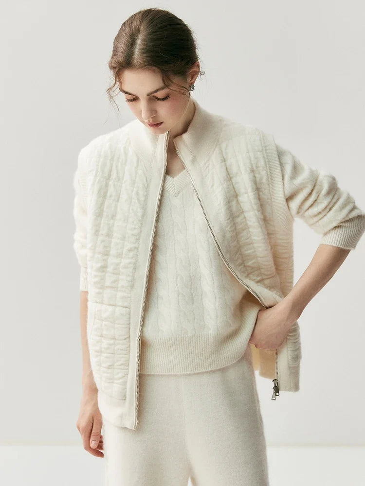 Gilet matelassé en maille pour femme avec fermeture éclair, col montant, crème