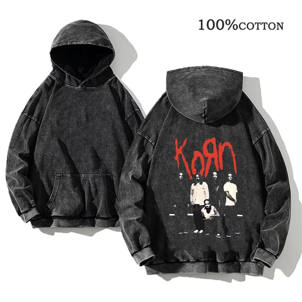 Unisex Kapuzenpullover Grau mit Band-Print & Kängurutasche
