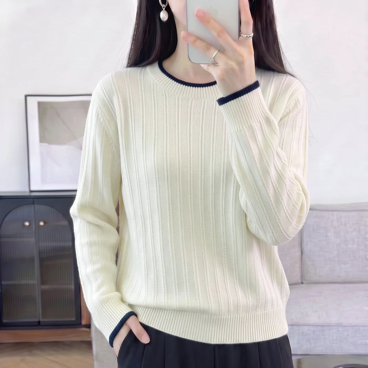 Damen Pullover Langarm Rundhals Feinstrick
