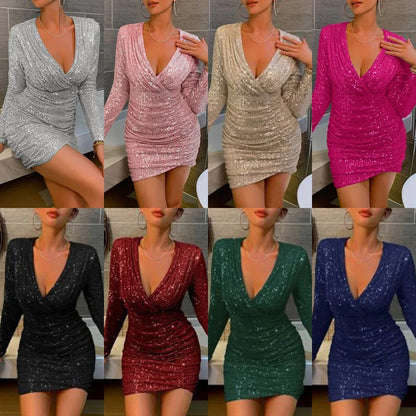 Abito da festa da donna con paillettes e scollo a V profondo – Elegante minidress per occasioni festive e clubbing