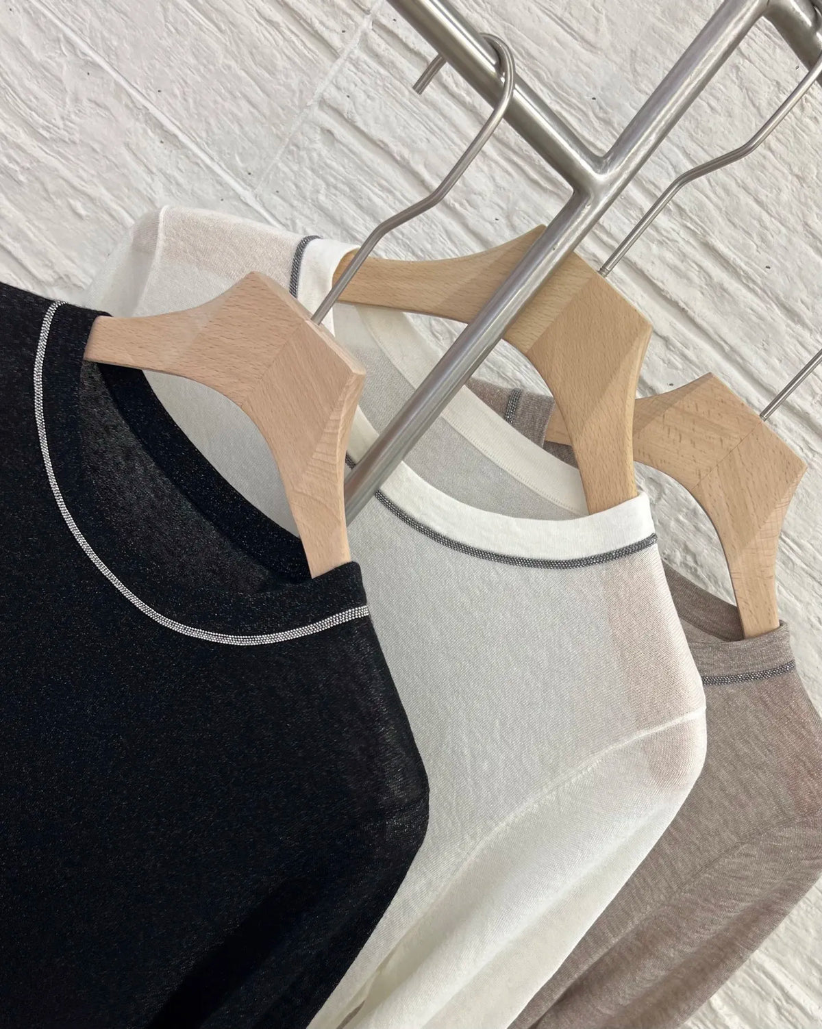 T-shirt en maille fine à manches longues pour femme, col rond