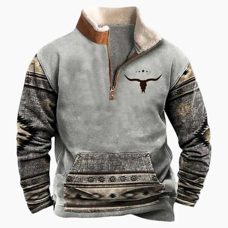 Herren Pullover im Western Ethno-Stil mit Viertelreißverschluss – Perfekt für Freizeit und Outdoor