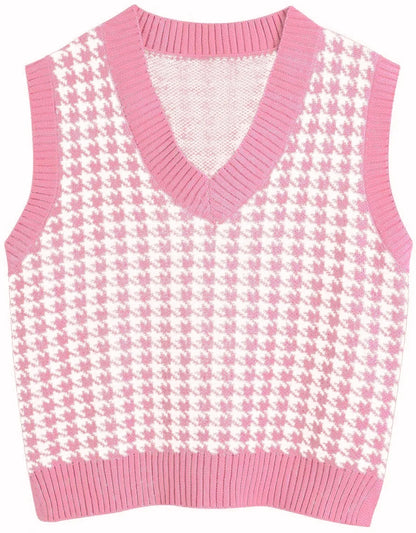 Strikket genservest til dame med V-hals, fiskebensmønster, ermeløs