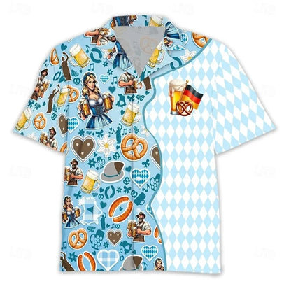Męska koszula z krótkim rękawem, motyw Oktoberfestu, piwo, precel, kiełbasa, żółta