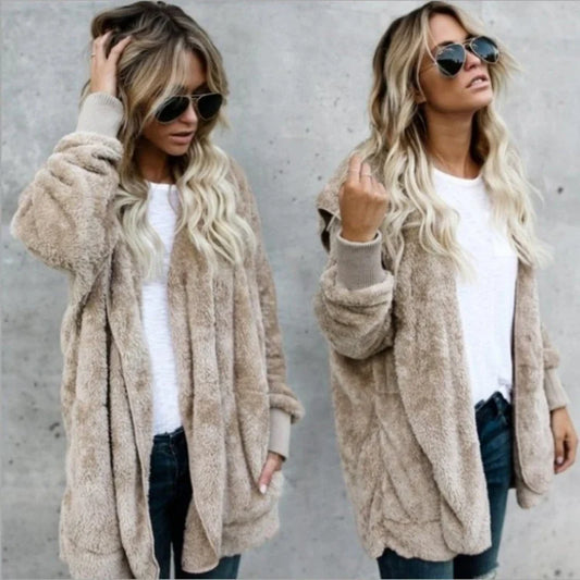 Damen Flauschige Strickjacke mit Kapuze Teddy-Fleece Offener Cardigan