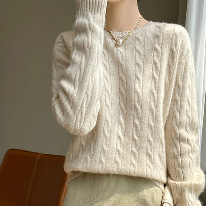 Dame-kabelstriksweater med rund hals og lange ærmer