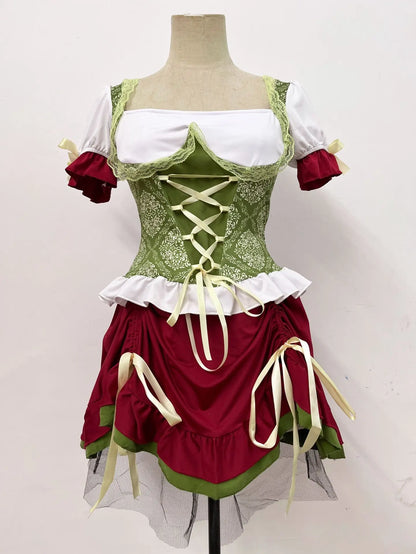 Dame-tyrolerkostume i rød og grøn med hat, kortærmet, Oktoberfest