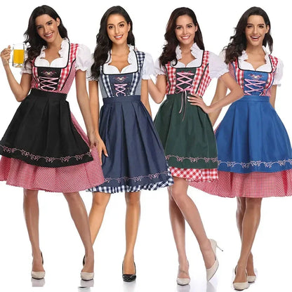Damen Dirndl Trachtenkleid mit Schürze und Bluse Kariert Spitzenverzierung