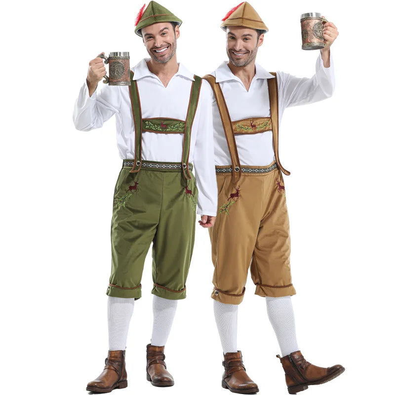 Herren Trachtenkostüm Set Lederhose Hemd Hut mit Feder