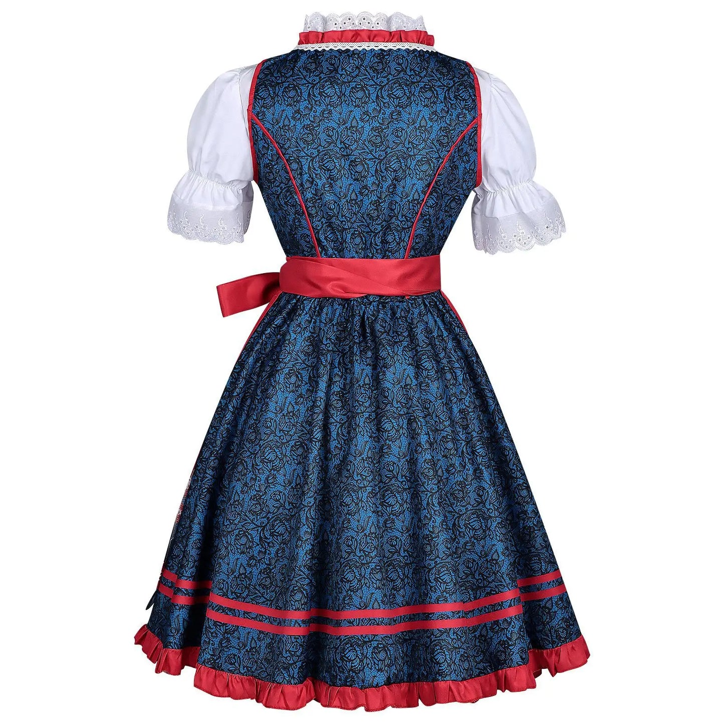 Dirndl Kleid Blau Rot mit Schürze Bluse und Mieder Schnürung
