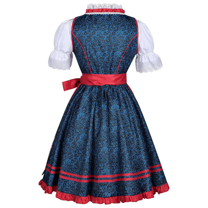 Dirndl Kleid Blau Rot mit Schürze Bluse und Mieder Schnürung