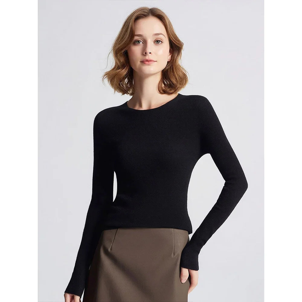 Damen Langarm Pullover Rundhals Rippstrick Optik Slim Fit