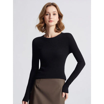 Damen Langarm Pullover Rundhals Rippstrick Optik Slim Fit