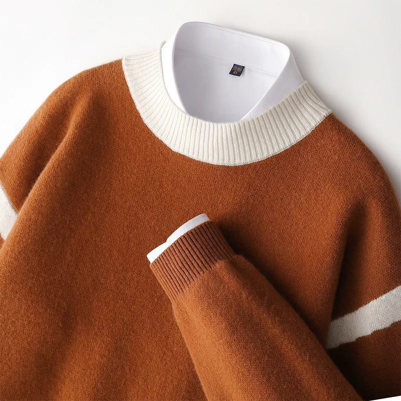 Jersey de punto para hombre, cuello redondo, manga larga y rayas en contraste