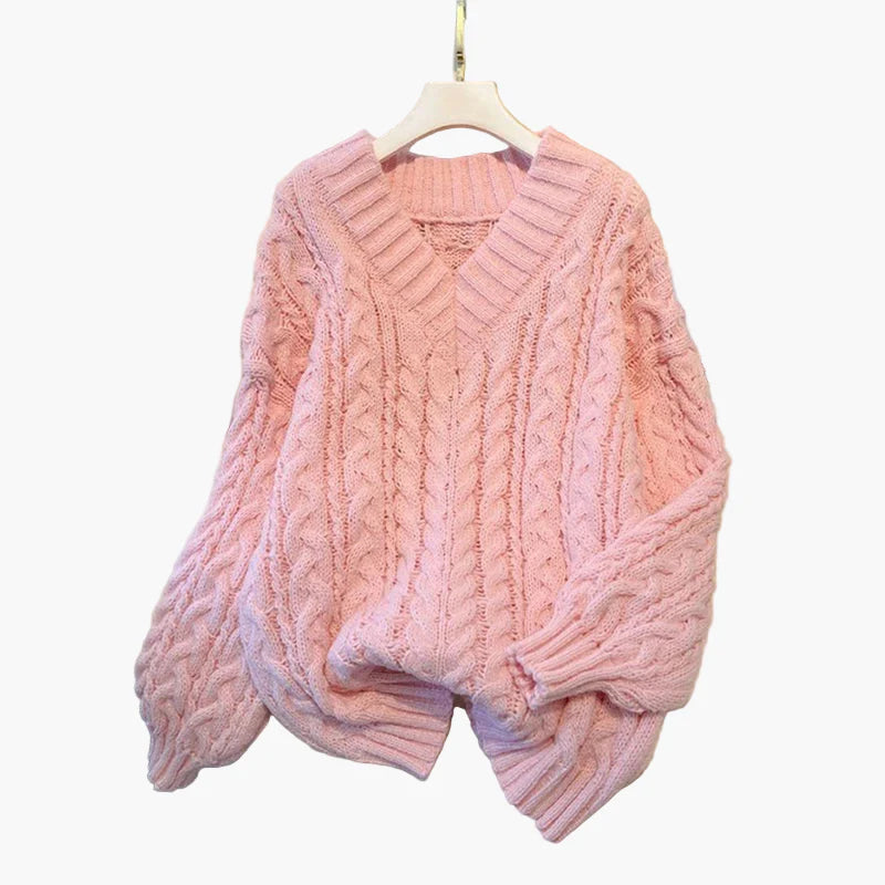 Jersey de punto para mujer con patrón de trenzas y escote en V – Look casual de otoño-invierno