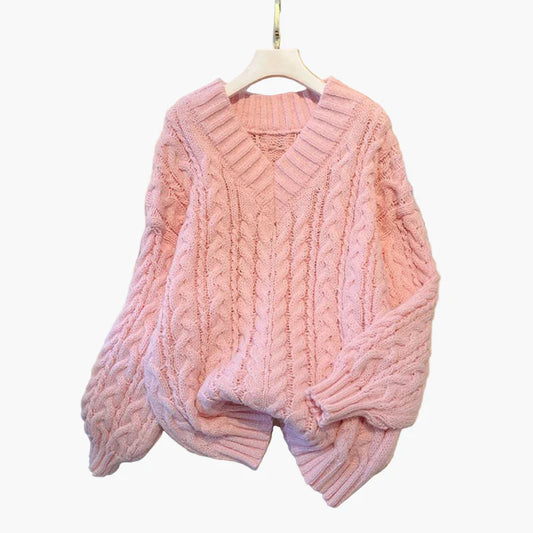 Damstickad pullover med flätmönster och V-ringning – Avslappnad höst-vinter look