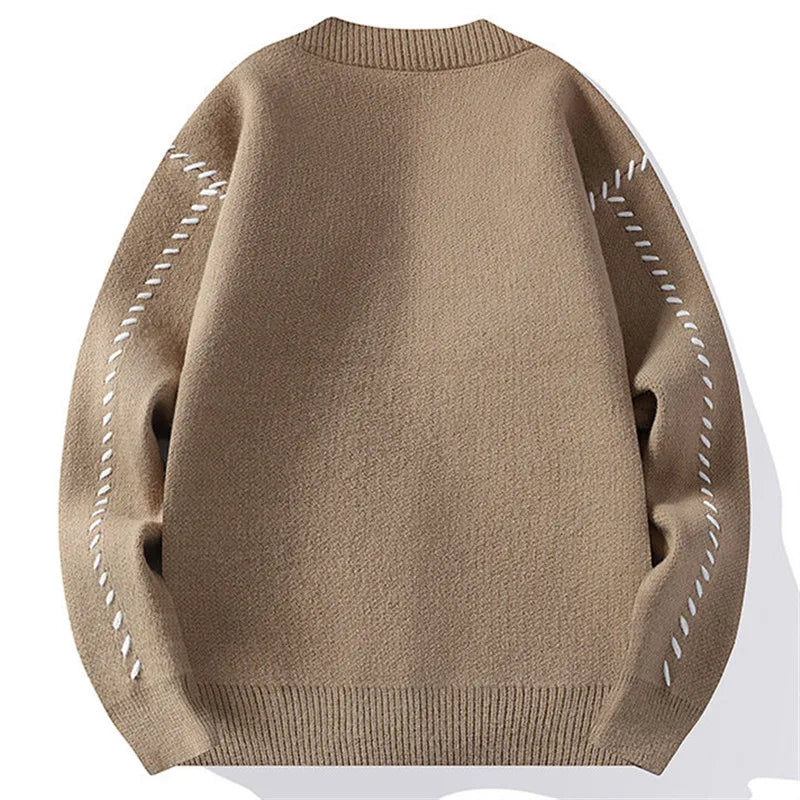 Unisex-strikcardigan med V-hals, knaplukning og dekorativt broderi