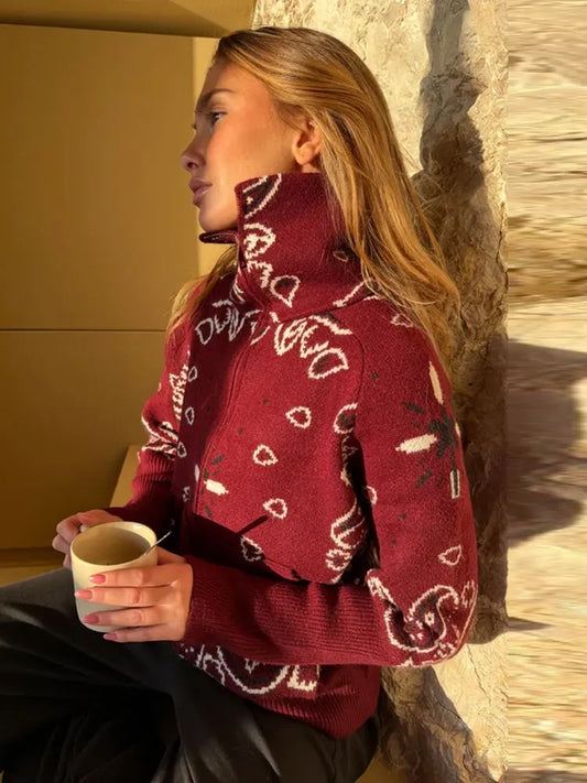 Gilet en maille pour femme avec fermeture éclair et motif bandana, col montant
