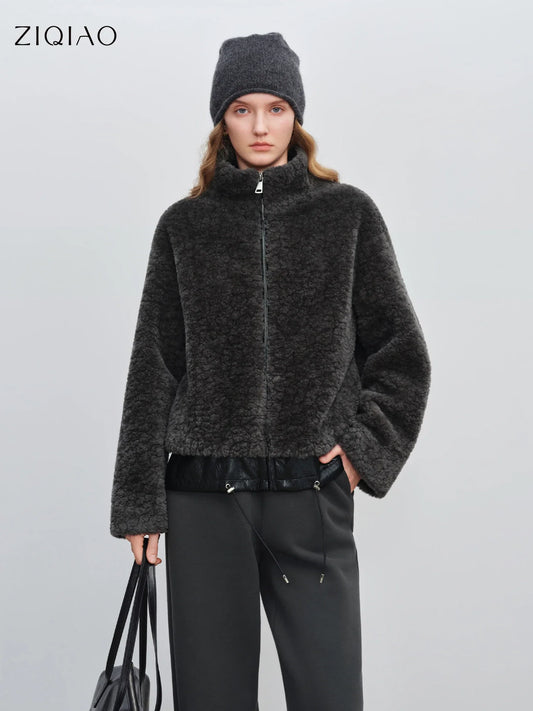 Veste femme à col montant en polaire teddy, avec fermeture éclair, anthracite, courte