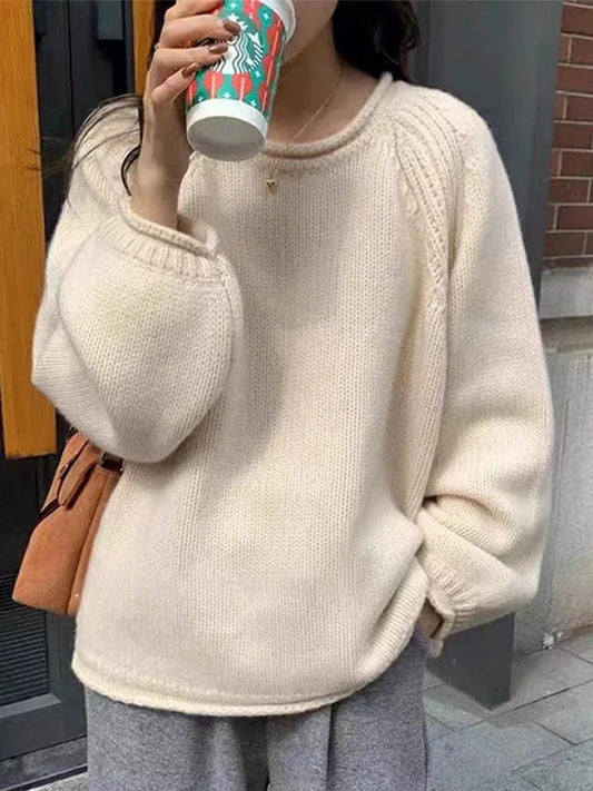 Damen Strickpullover Oversize Rundhals Langarm