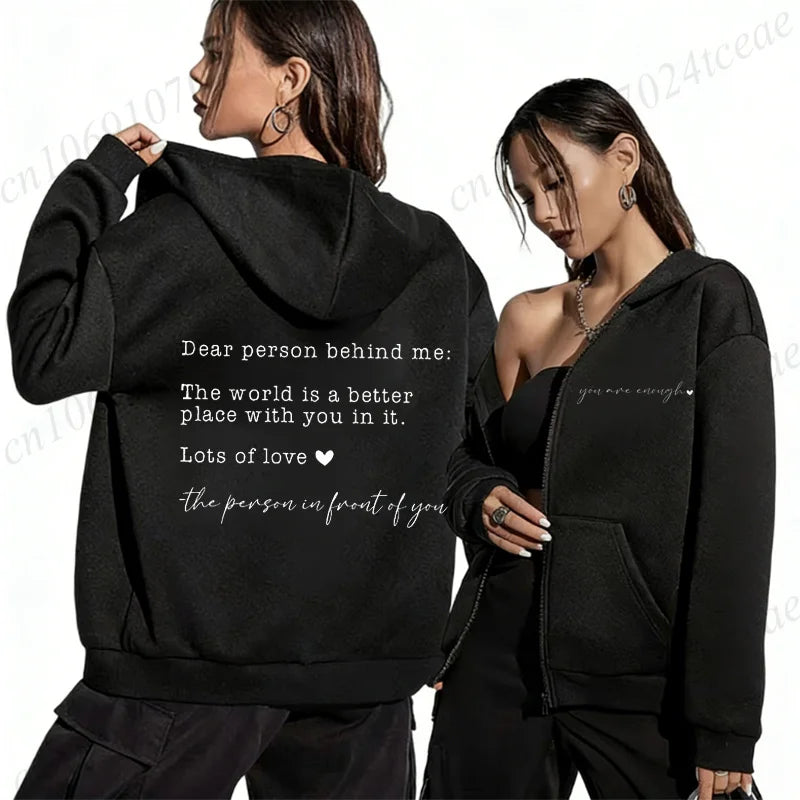 Damen Hoodie mit "Dear person behind me" Aufdruck und Reißverschluss-Detail