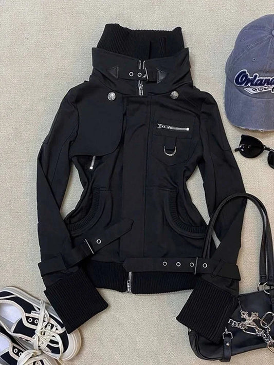 Damen Jacke Schwarz mit hohem Kragen und Reißverschlüssen