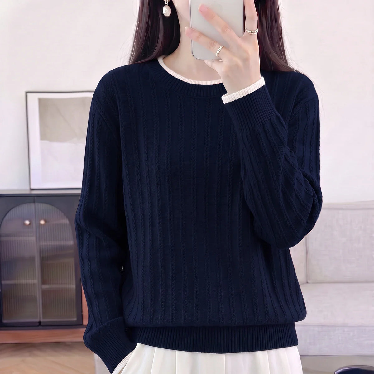 Damen Pullover Langarm Rundhals Feinstrick