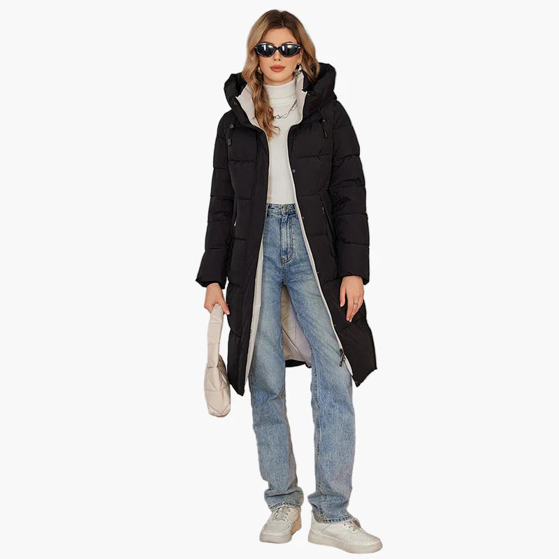 Dames winter gewatteerde mantel met capuchon – Lange, modieuze outdoor mantel voor koude dagen