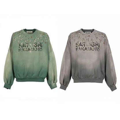 Sweatshirt med farveforløb og pyntesten - rund hals og lange ærmer