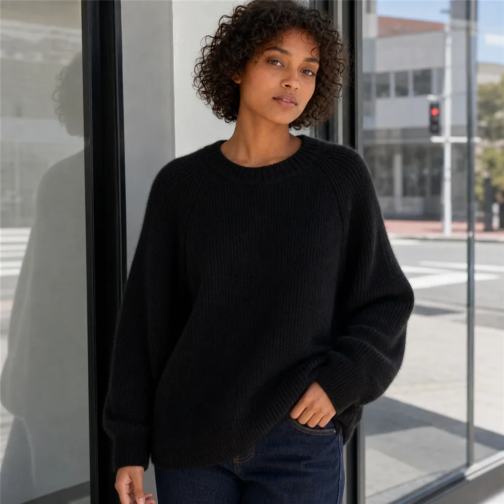 Maglione da donna a girocollo, maniche lunghe, in maglia a coste, giallo