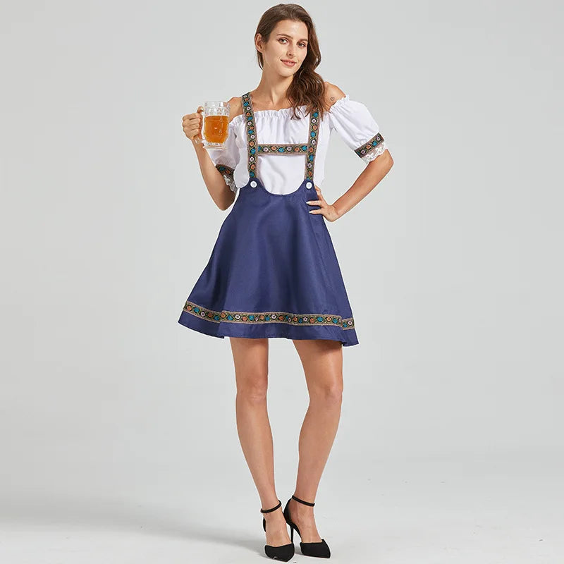 Damska sukienka dirndl w kolorze białym i granatowym, z haftem, z odkrytymi ramionami, z paskami i spódnicą