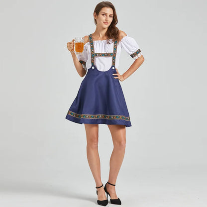 Damska sukienka dirndl w kolorze białym i granatowym, z haftem, z odkrytymi ramionami, z paskami i spódnicą