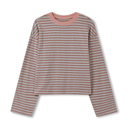 Haut rayé à manches longues pour femmes, col rond, crop top