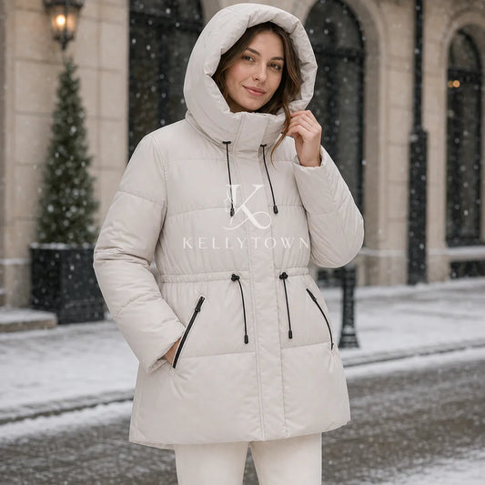 Damen Steppjacke mit Kapuze und Kordelzug, kurzer Wintermantel