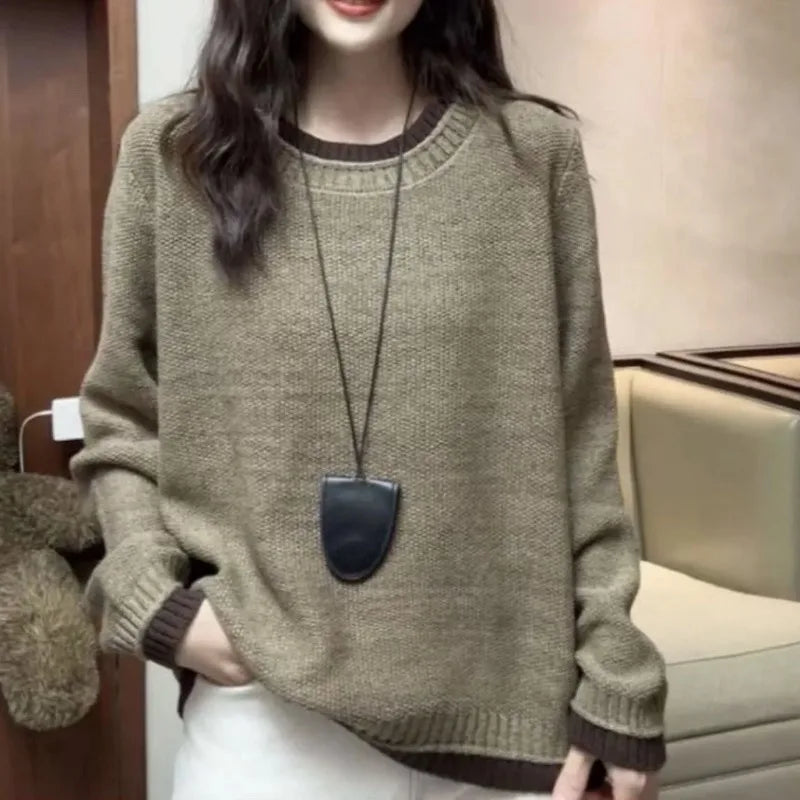 Pullover lavorato a maglia da donna con scollo rotondo, a maniche lunghe, maglia