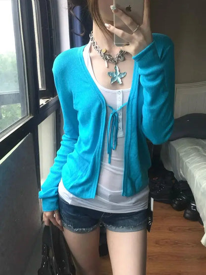 Cardigan da donna in maglia con scollo a V, maniche lunghe, blu