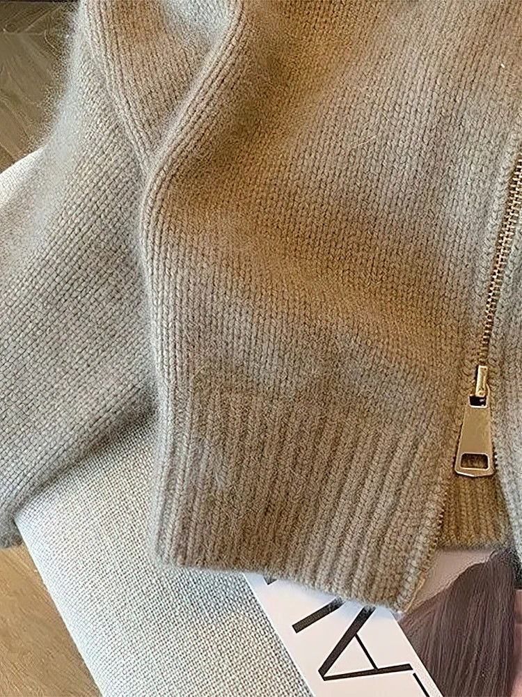 Damen Cropped Strickjacke mit Zipper und auffälligem Kragen – Modischer Freizeit-Look