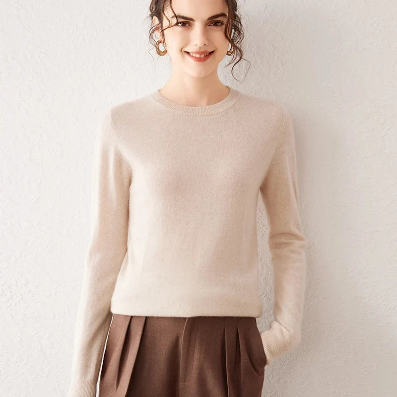 Pull femme à col rond et manches longues, maille fine, basique