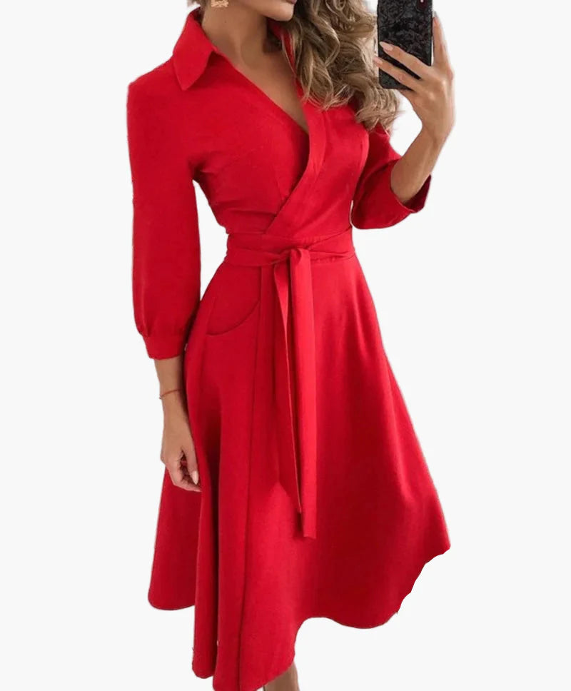 Damen Wickelkleid mit Gürtel und Kragen – Eleganter Alltags- & Büro-Look